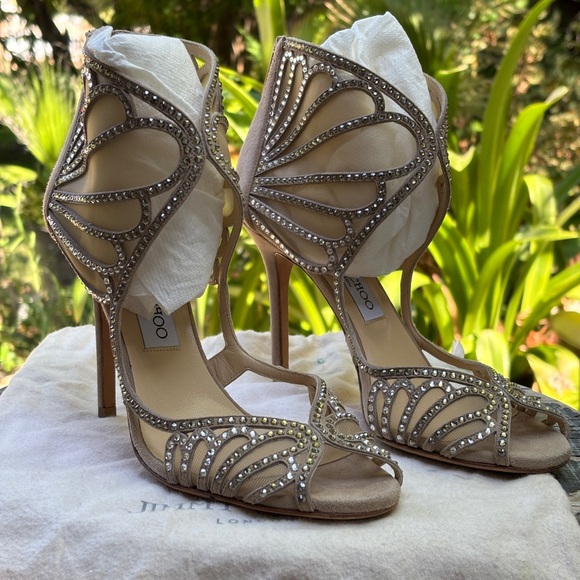 Jimmy Choo 38.5 Sabine ankle cuff beige suede sandals crystals